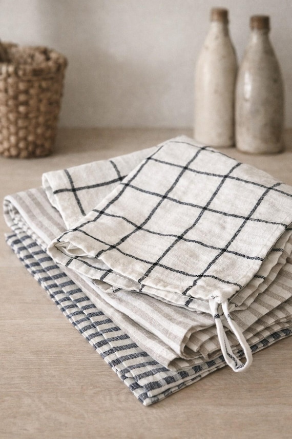 Handgemachtes Stonewashed Leinen Geschirrtuch, gestreiftes Leinen Geschirrtuch, gestreiftes Leinen Geschirrtuch, gestreiftes Leinenhandtuch