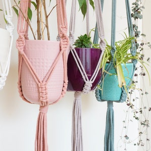 May include: Four macrame plant hangers with different colored pots and plants. The hangers are made of natural cotton rope and have a tassel at the bottom. The pots are white, pink, purple, and turquoise.
