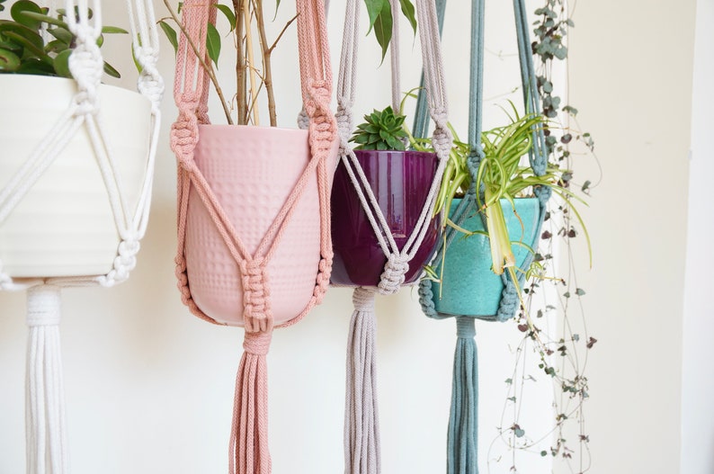 May include: Four macrame plant hangers with different colored pots and plants. The hangers are made of natural cotton rope and have a tassel at the bottom. The pots are white, pink, purple, and turquoise.
