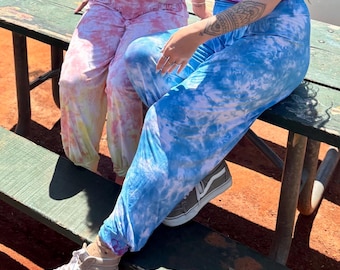 Pantalones bohemios tie-dye azules, pantalones hippies azules, pantalones de yoga tie-dye, pantalones fluidos tie-dye, pantalones hippies tie-dye, pantalones elásticos, pantalones de yoga azules