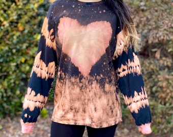 Bleached heart tee, bleach dye heart tee, hippie valentines tee, long sleeve bleach dye tee, heady heart tee, valentines hippie top,