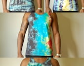assorted small and medium tie dye tank tops, heady tank top, teal tie dye tank, zigzag tank top, heady teal tank top, psychedelic tank top