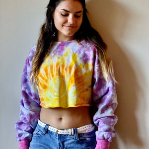tie dye crop sweater, heady crop sweater, hippie crop sweater, beachy crop pullover, sun boho sweater, pink hippie sweater, tie dye sun
