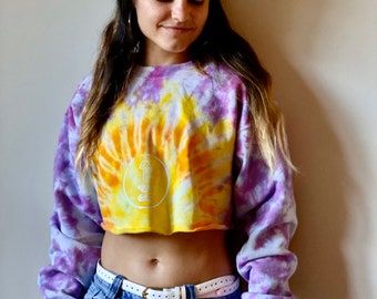 tie dye crop sweater, heady crop sweater, hippie crop sweater, beachy crop pullover, sun boho sweater, pink hippie sweater, tie dye sun