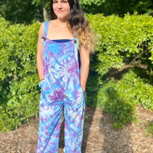 Handmade tie dye jumpsuit, handmade tie dye overalls, boho purple overalls, mermaid overalls, mermaid jumpsuit, handmade jumpsuit, heady
