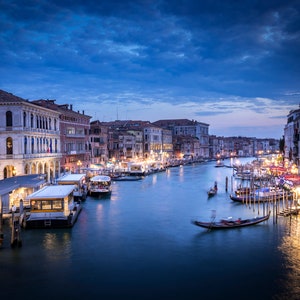 Venice Italy Sunset from Rialto Bridge in Canvas, Metal, Acrylic or Print - Fine Art Photograph Blue Hour Living Room Bedroom Office Decor
