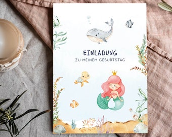 Einladungskarten zum Kindergeburtstag für kleine Meerjungfrauen | Einladung mit Meerestieren | Geburtstagseinladung Nixe | Mermaid | DIN A6