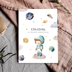Einladungskarten zum Kindergeburtstag mit Astronaut, Raumschiff & Planeten im All | Kindergeburtstag Einladung Weltraum | DIN A6