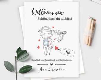 Mal- und Rätselheft zur Hochzeit für Kinder mit selbst personalisierbarem Cover | optional mit 6 Buntstiften | Gastgeschenk | Boho  | DIN A5