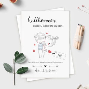 Wedding coloring and puzzle book for children with a cover that you can personalize yourself optionally with 6 colored pencils | Guest gift | Bohemian | DIN A5