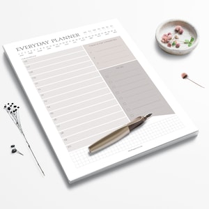 Daily planner DIN A5 | Modern Minimalist Pad of 50 Sheets | To-Do List | Timers | Timetable | Office | Notepad | meal plan | English