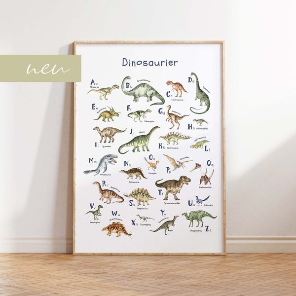 Dinosaurier-Poster mit Alphabet | ABC-Poster für Dinofans | Tier-Alphabetposter in DIN B2 und A4 - auch toll als Geschenk
