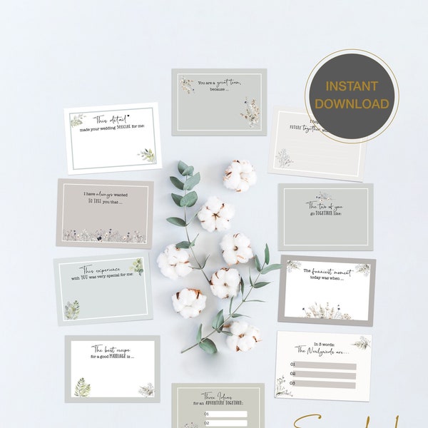 DOWNLOAD | 20 Cards for the Wedding Guest Book | Deutsche Version | 20 creative cards with different questions | 2.9 x 4.1" | boho | greenery