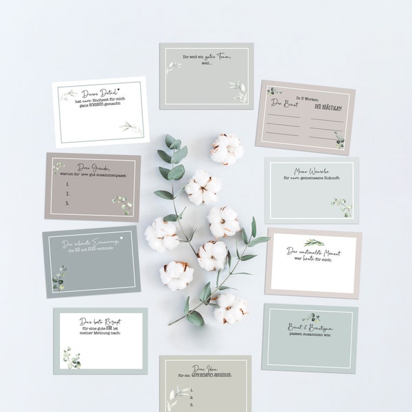 20 individuelle Gästebuch-Karten für die Hochzeit in DIN A7 | DIY-Gästebuch | kreative Fragekarten | Greenery Hochzeit | Eukalyptus