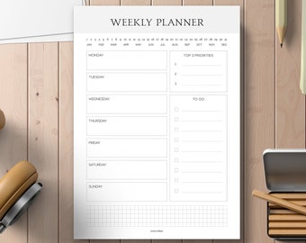 Planificateur hebdomadaire DIN A5 | Bloc minimaliste moderne avec 50 feuilles | Liste de tâches | Minuterie | Horaires | Bureau | Bloc-notes | Plan de repas | Gris