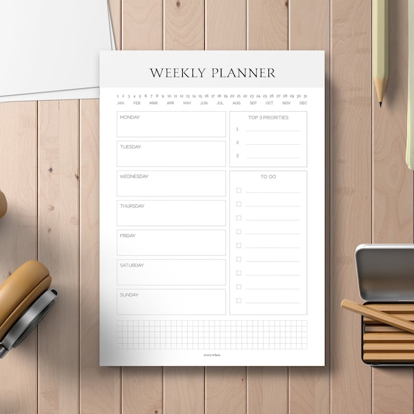 Weekly planner DIN A5 | Modern Minimalist Pad with 50 Sheets | To-Do List | Timer | Timetable | Office | Notepad | Meal plan | Gray