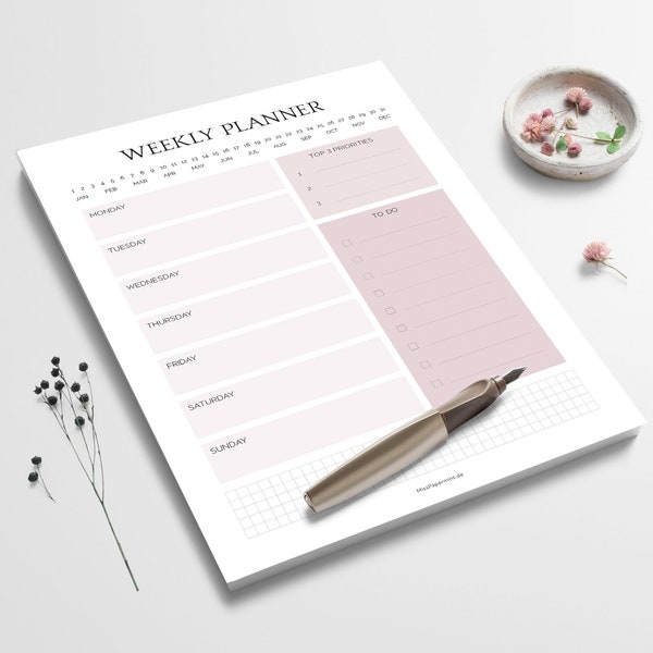 Wochenplaner DIN A5 | Modern Minimalist Block mit 50 Blatt | To-Do-Liste | Timer | Stundenplan | Büro | Notizblock | Mealplan | rosa