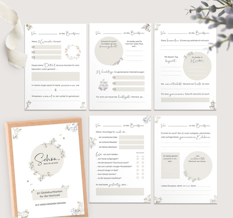 50 Gästebuch Karten für die Hochzeit mit Box 5 verschiedene Designs DIN A6 Postkartengröße für alle Paare Greenery & Eukalyptus Look zdjęcie 5