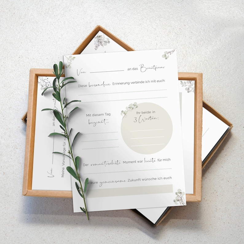 50 Gästebuch Karten für die Hochzeit mit Box 5 verschiedene Designs DIN A6 Postkartengröße für alle Paare Greenery & Eukalyptus Look zdjęcie 2