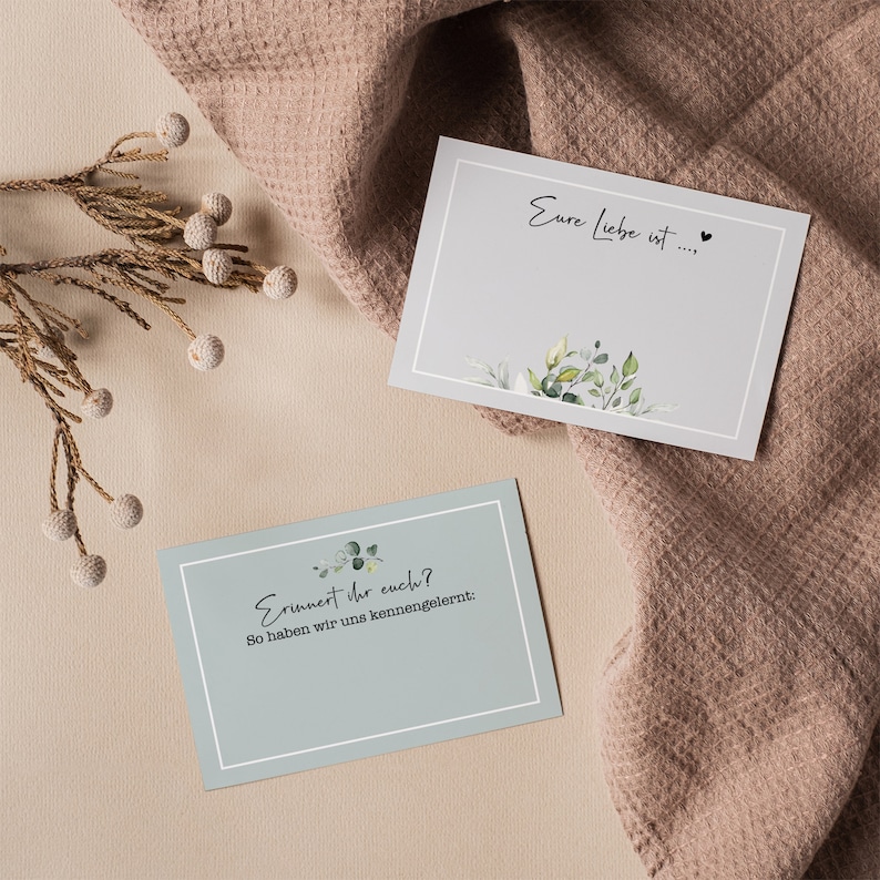 20 individuelle Gästebuch-Karten für die Hochzeit in DIN A7 DIY-Gästebuch kreative Fragekarten Greenery Hochzeit Eukalyptus Bild 9