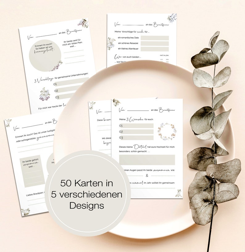 50 Gästebuch Karten für die Hochzeit mit Box 5 verschiedene Designs DIN A6 Postkartengröße für alle Paare Greenery & Eukalyptus Look zdjęcie 7