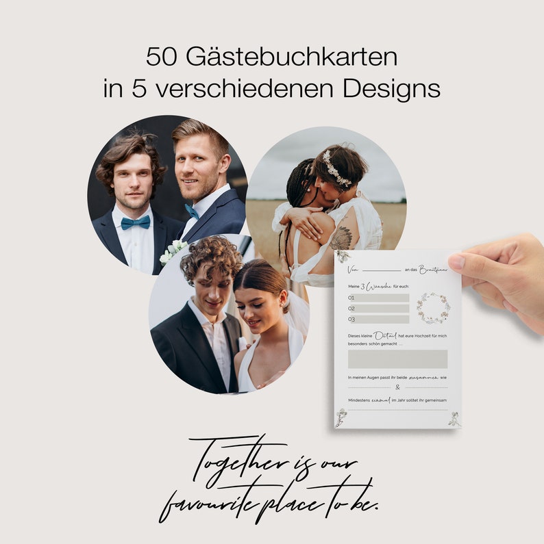 50 Gästebuch Karten für die Hochzeit mit Box 5 verschiedene Designs DIN A6 Postkartengröße für alle Paare Greenery & Eukalyptus Look Bild 9