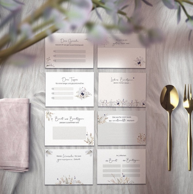 20 individuelle Gästebuch-Karten für die Hochzeit in DIN A7 DIY-Gästebuch kreative Fragekarten Boho Hochzeit Greenery Bild 2