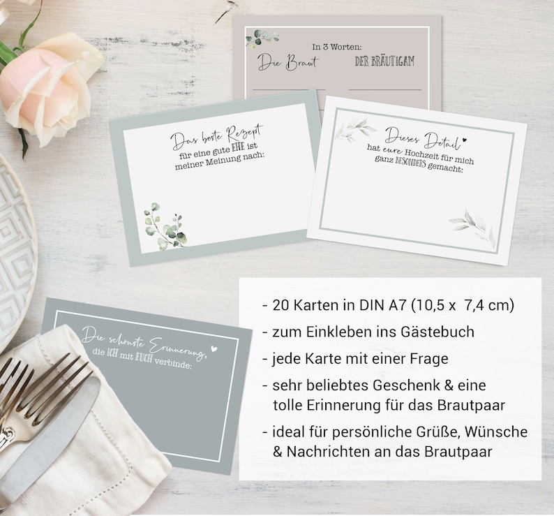 20 individuelle Gästebuch-Karten für die Hochzeit in DIN A7 DIY-Gästebuch kreative Fragekarten Greenery Hochzeit Eukalyptus Bild 4