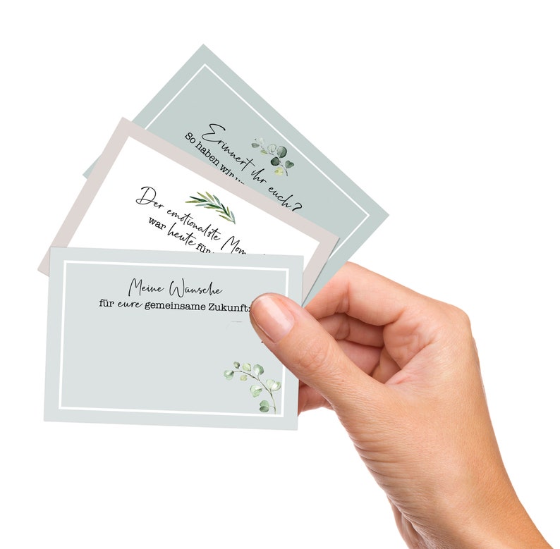 20 individuelle Gästebuch-Karten für die Hochzeit in DIN A7 DIY-Gästebuch kreative Fragekarten Greenery Hochzeit Eukalyptus Bild 8