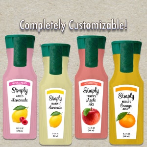 May include: Four glass bottles of Simply juice with green caps. The bottles are labeled with different flavors: Raspberry Lemonade, Lemonade, Apple Juice, and Orange Juice. Each bottle contains 11.5 fluid ounces (340 ml).