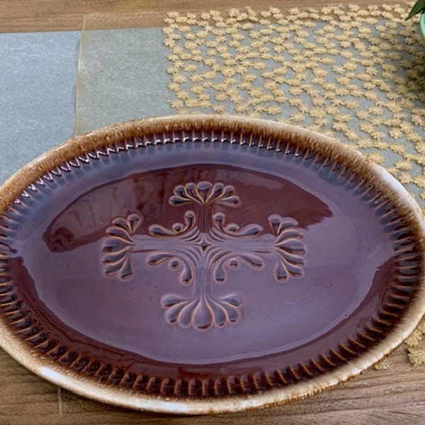 Vintage McCoy, Brown Drip, Oval Serving Platter, Embossed, Design, Ceramic, Glazed Pottery, 13.5" Rustic, Farmhouse, Kitchen, Dining,