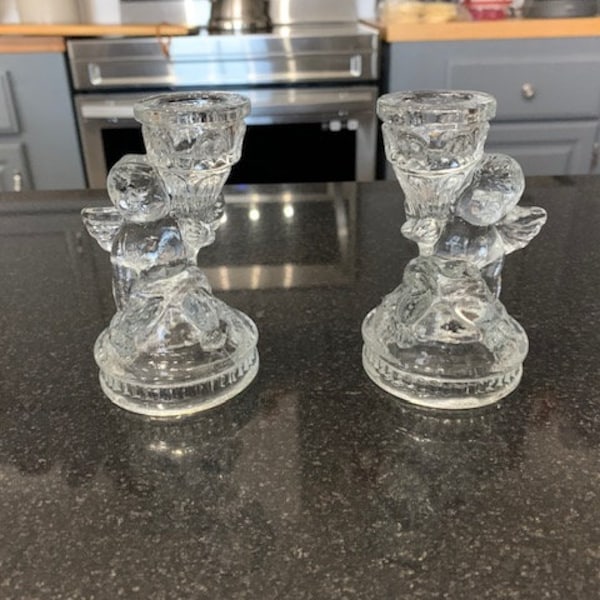 Vintage/Cherub/Angel/Taper/CandleHolder/ClearGlass/AngelWings/4"High/Cottage/Set of Two/Pressed Glass