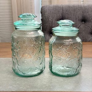 Libbey Glass Co. Embossed Orchard Fruit Light Aqua-Green Canisters Set of Two, Canisters, Kitchen Storage, Glass Jars, Jar,