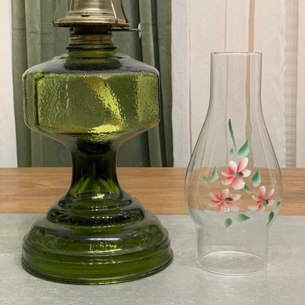 Lovely EAPG Vintage Hexagon Pressed Glass Wedding Scroll Farmhouse Cabin Oil Lamp Hurricane Table Lamp, P & A Mfg, USA, Kerosene Oil Lamp,