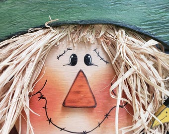 Happy Fall Outdoor Door Hanger Cecil Scarecrow CROW PATROL Wood Porch Greeter Large Autumn Colors Sign 20" T Personalize