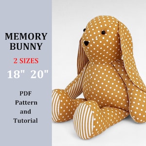Puede incluir: Un patrón de costura de conejo de memoria de lunares marrones y blancos con un tutorial en PDF. El patrón está disponible en dos tamaños: 45,7 cm y 50,8 cm.