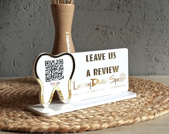 Custom Dental Office Google Review QR Code Sign, Tooth Shape Acrylic Business Sign