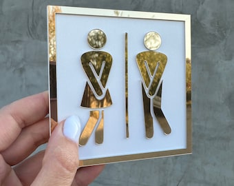 Acrylic Unisex Restroom Sign: Gold Modern Toilet Sign