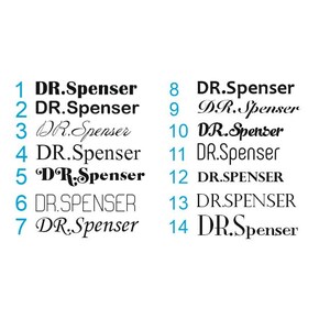 May include: A close-up of a white background with black text showing different variations of the name "DR.Spenser". The text is in different fonts and sizes, with some variations in capitalization.