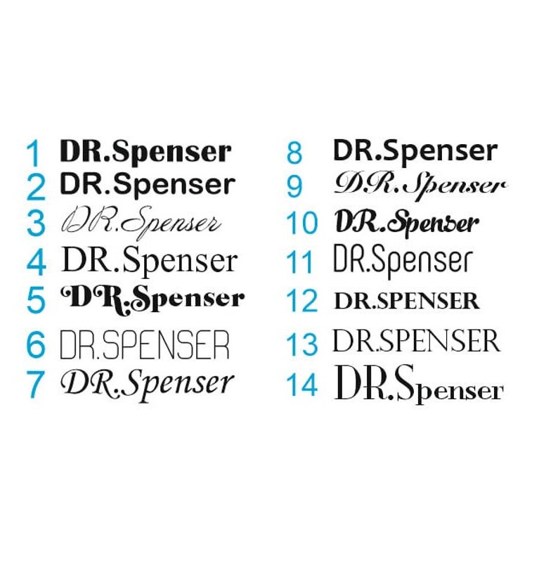 May include: A close-up of a white background with black text showing different variations of the name "DR.Spenser". The text is in different fonts and sizes, with some variations in capitalization.