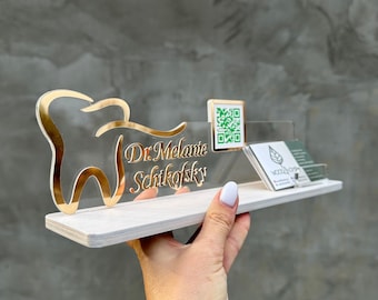 Business card holder with Qr code sign, personalized dentist gift, Acrylic sign on a wooden stand with name, dental office decor