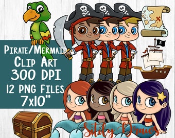 Pirate and Mermaid clip art clipart pirate map ship parrot treasure Blonde Red head , Ariel the little mermaid instant digital download cute