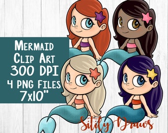 Mermaid clip art clipart Blonde mermaid , Black mermaid , Red head , Ariel , the little mermaid instant digital download cute