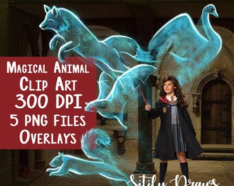 Magical animals wizard wands overlay clip art instant digital download teal blue bat fox wolf swan squirrel patronus