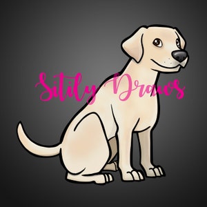 K&ouml;nnte beinhalten: Eine Cartoon-Illustration eines hellbraunen Labrador-Retriever-Hundes, der mit seinem Schwanz um die Beine gewickelt sitzt. Der Hund hat einen gl&uuml;cklichen Gesichtsausdruck.