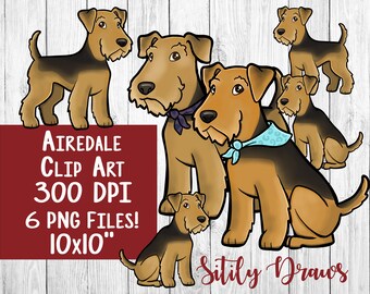 Airedale clipart airdale terrier clip art instant digital download sitting standing cute baby dog puppy brown and black designs 6 files