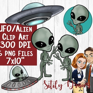 UFO alien clipart t-rex dinosaurs invasion abduction aliens FBI agent Scully Mulder PNG clip art digital download