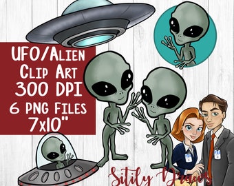 UFO alien clipart t-rex dinosaurs invasion abduction aliens FBI agent Scully Mulder PNG clip art digital download