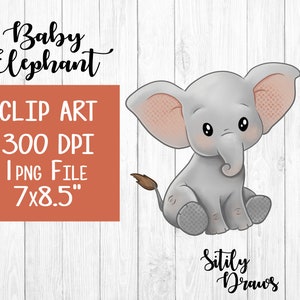 May include: A cute cartoon baby elephant with gray fur, pink ears, and a brown trunk. The elephant is sitting on a white wooden background. The text "Baby Elephant" is written in black at the top of the image. The text "Clip Art 300 DPI 1 PNG File 7x8.5" is written in white on a red background. The text "Sitily Draws" is written in black at the bottom of the image.