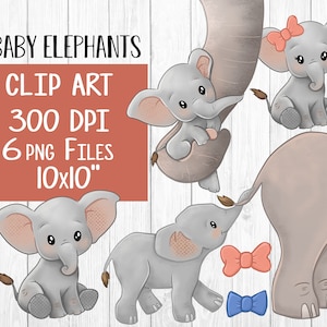 May include: Six digital clip art images of baby elephants in various poses. The elephants are gray with pink accents and are 10 inches by 10 inches. The images are 300 DPI.